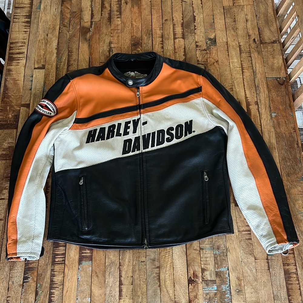Harley Davidson Black and Orange Leather Riding Coat Size L